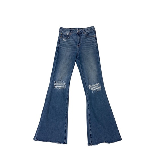 American Eagle Outfitters Denim - American Eagle Women's Size 4 Super High Rise Flare Blue Jeans Ripped Frayed
